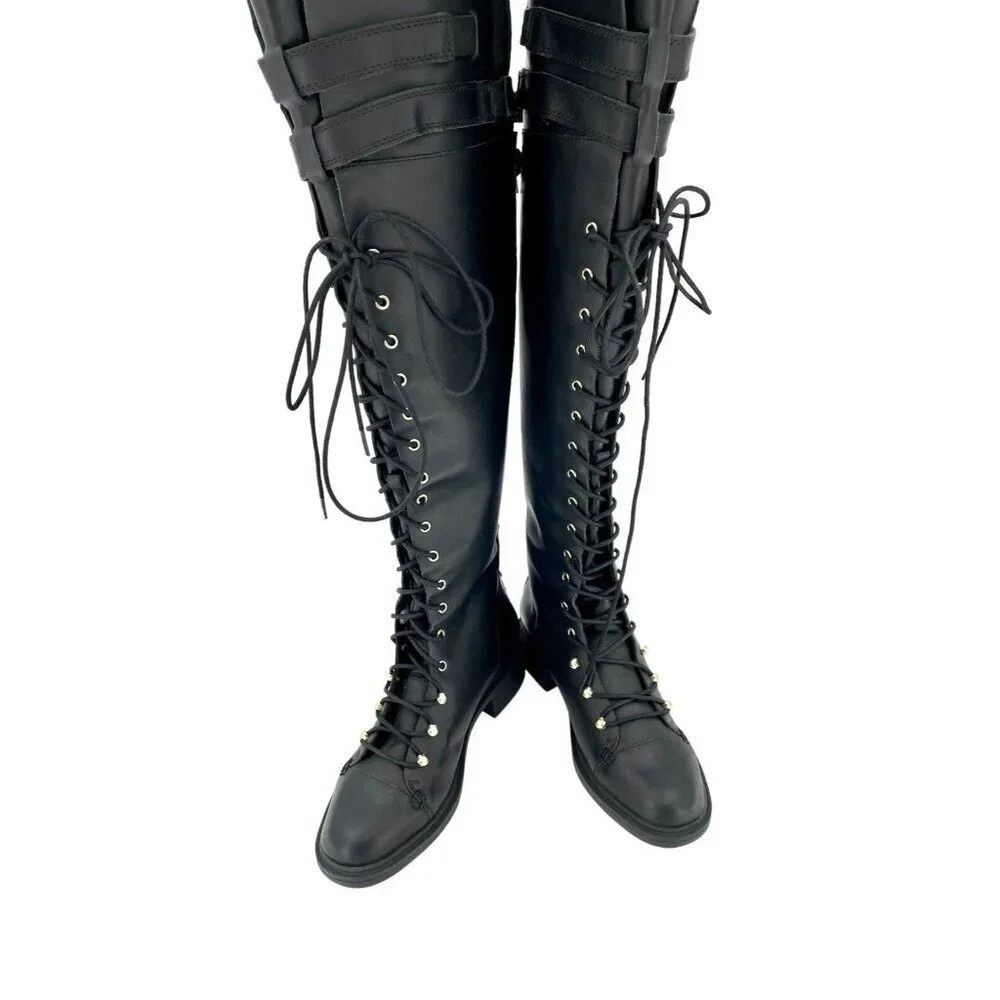 Joie Gryffin Over the Knee Boots Lace Up Buckle Black Leather  EU 36 New